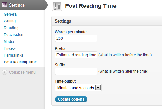 Post Reading Time Plugin Screenshot