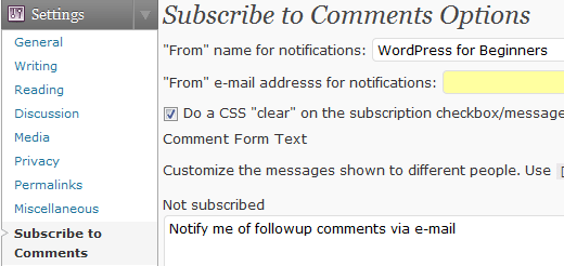 Subscribe to Comments Configuration Settings